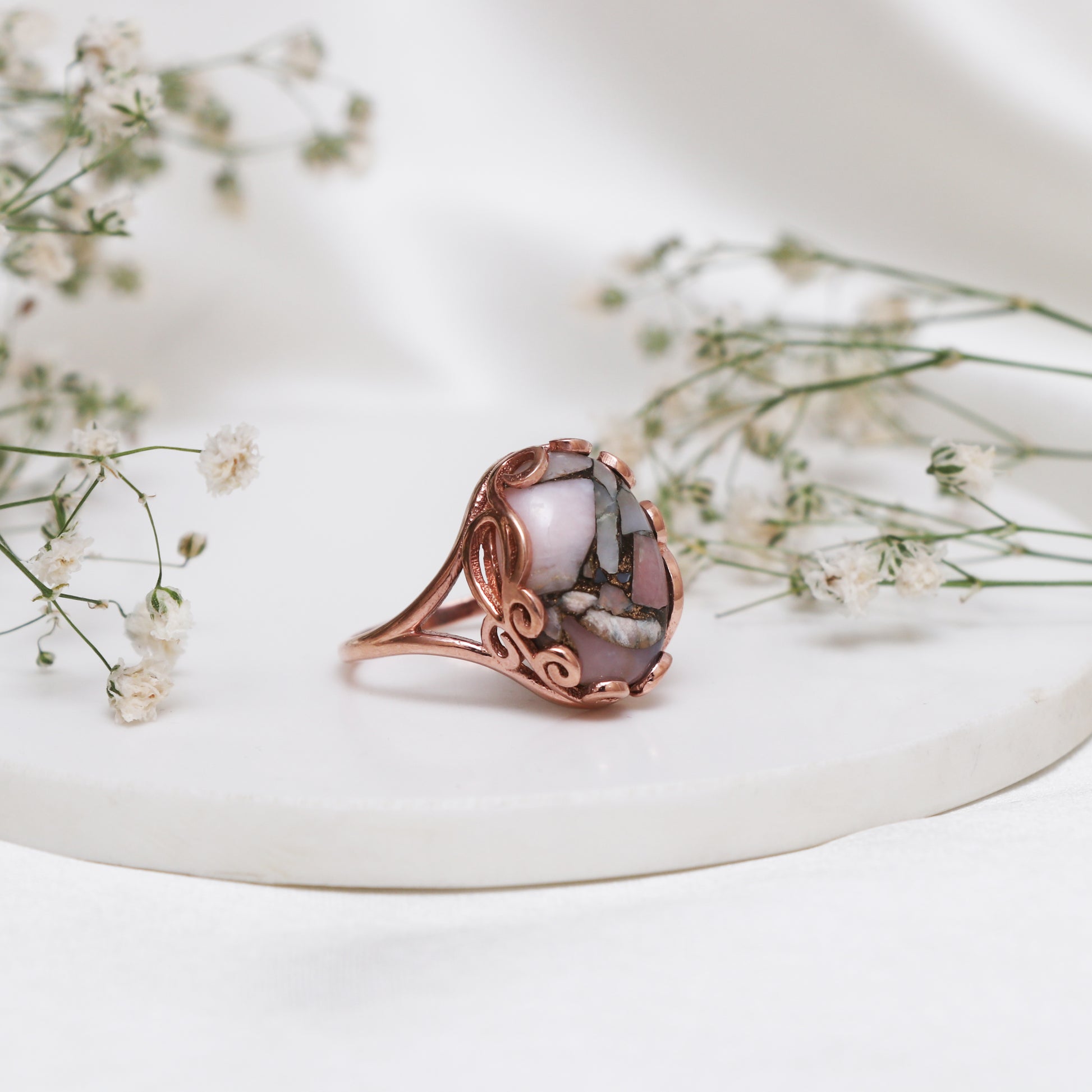 Pink Opal Copper Turquoise Statement Ring-Unique Stone Ring-736 PILWALS