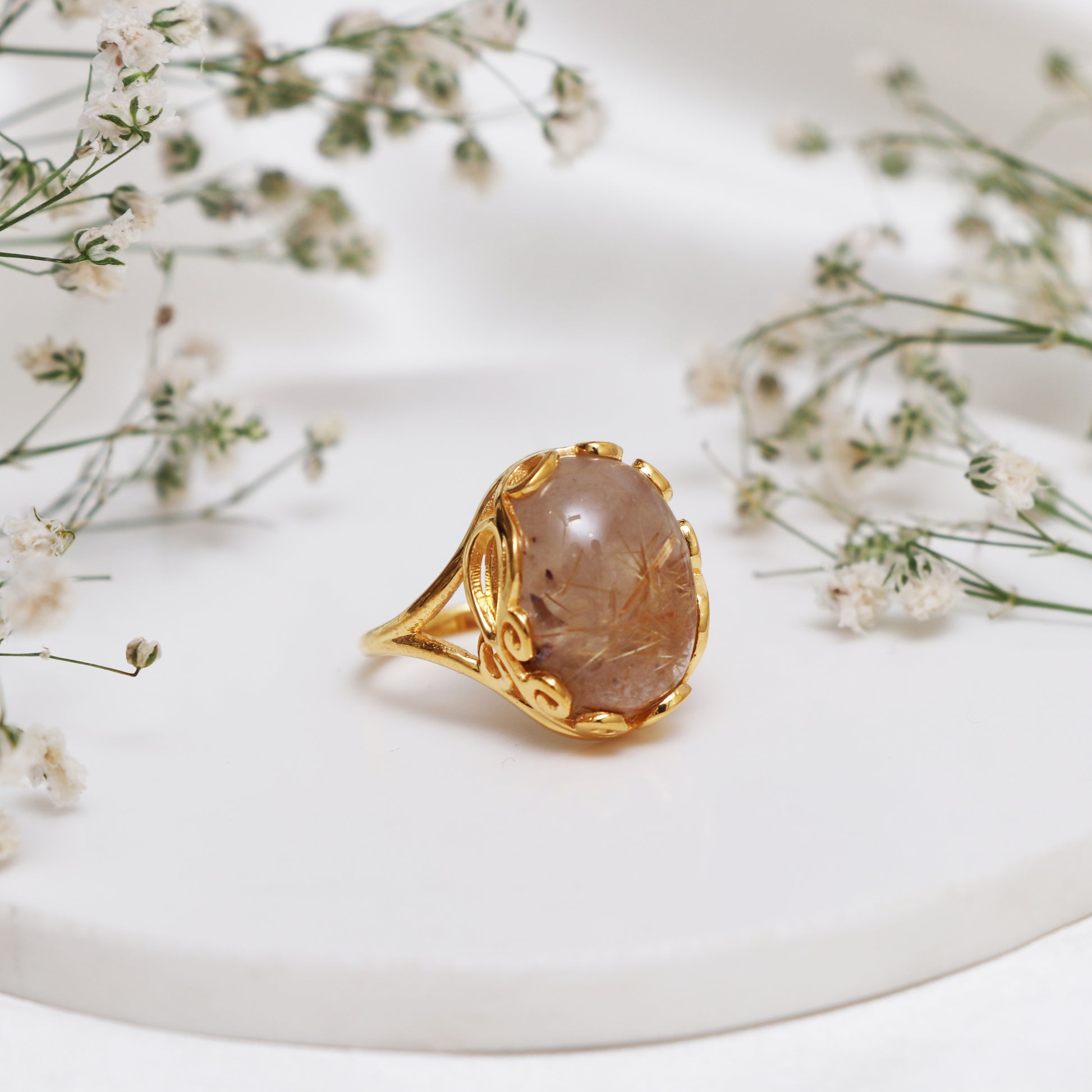 Golden Rutile Engagement Ring, Sterling Silver Rutile Quartz Ring-736 PILWALS