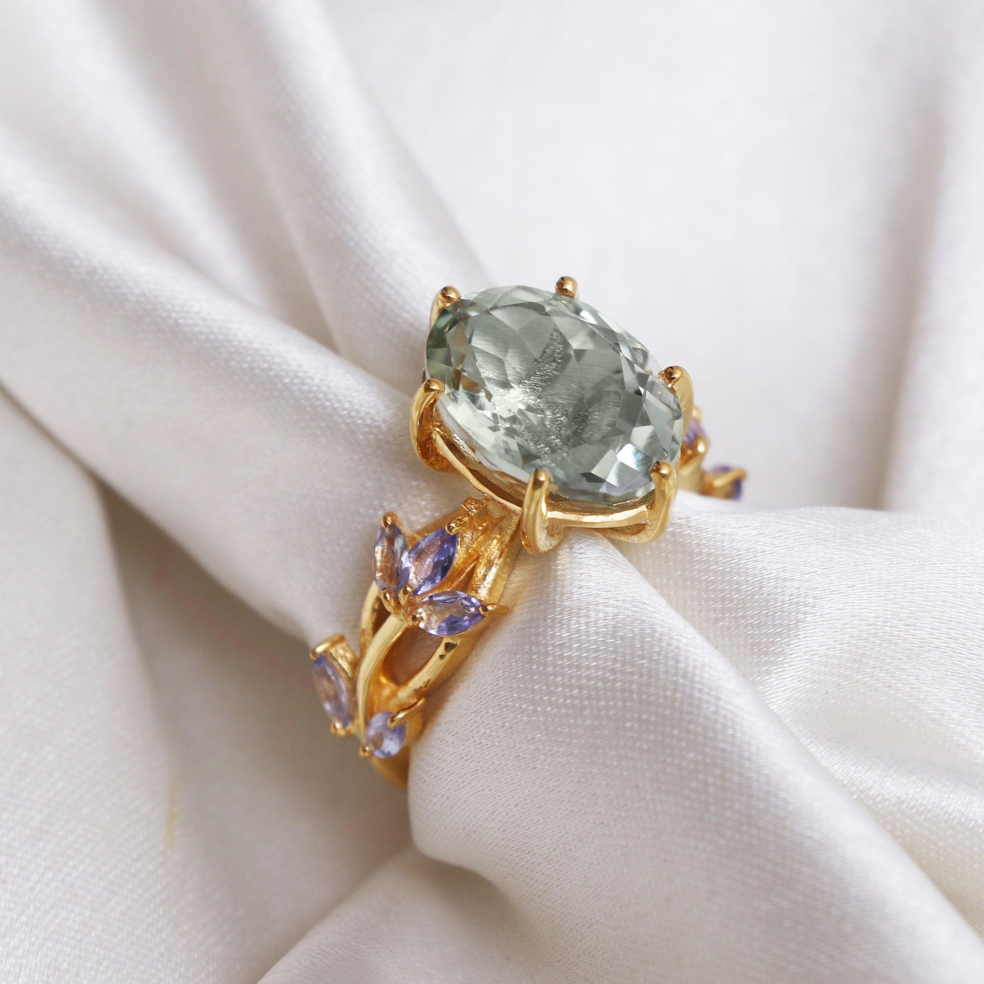 100% Natural Green Amethyst & Tanzanite Ring-Sterling Silver Amethyst Engagement Ring-1031 PILWALS