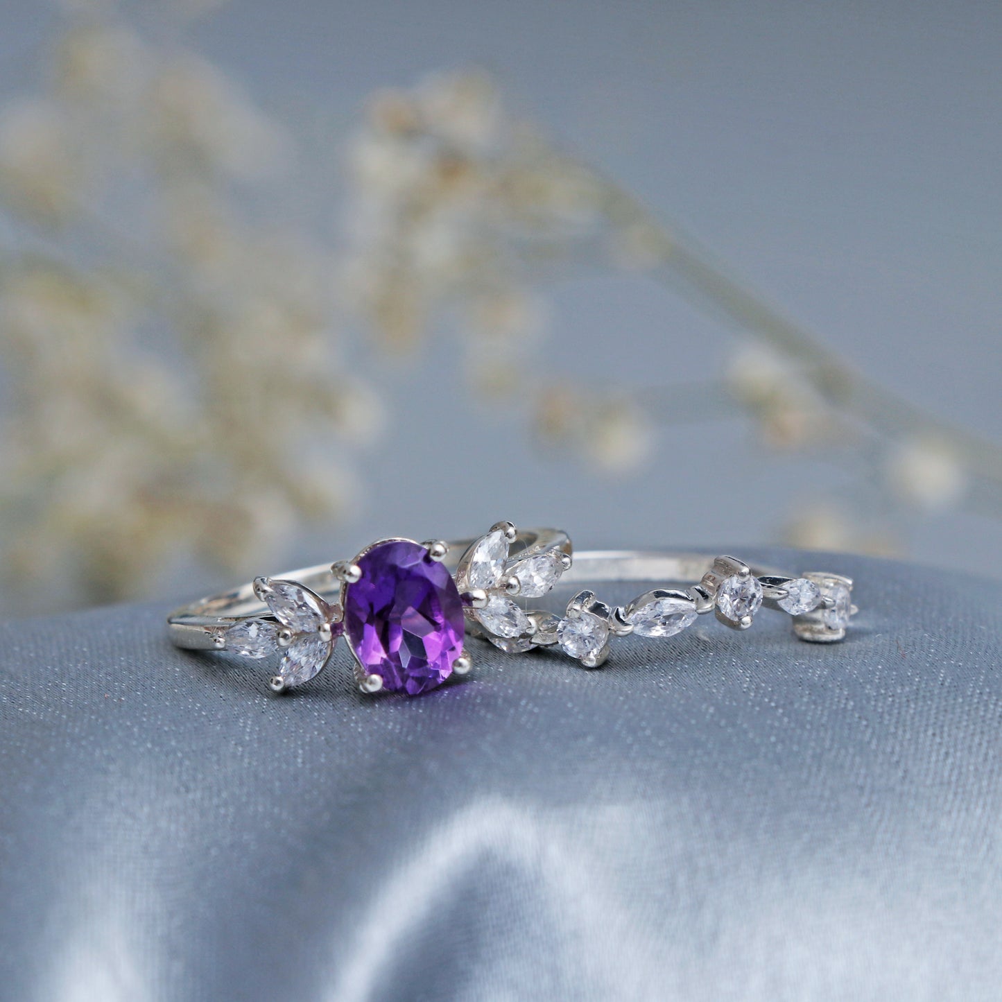 Vintage Inspired Amethyst Purple Ring, White Topaz Silver Ring-664 PILWALS